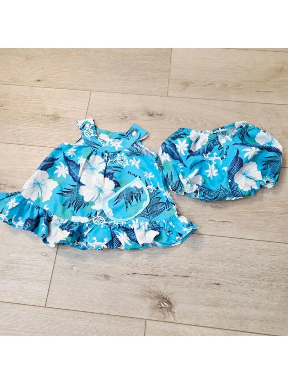 Infant Blue Tropical Floral Baby Girl's 2pc 3M Hawaiian Bubble Shorts Sun Tank